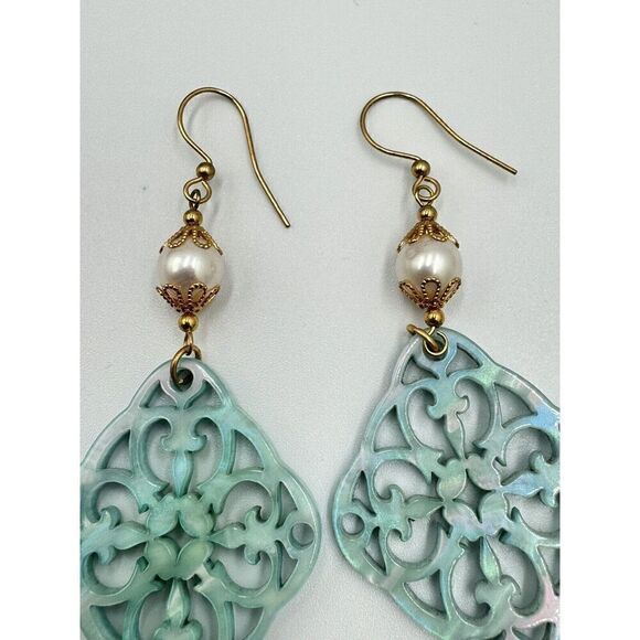 Aqua Teal Lightweight Gold Tone Boho Scroll Faux Pearl Dangle Fringe Earrings - Picture 6 of 8
